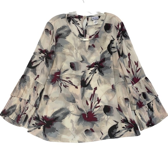 Vicki Wayne Semi Sheer Print Tunic Pleated Ruffle Sleeves Floral Print Size 16​​ - Picture 1 of 6
